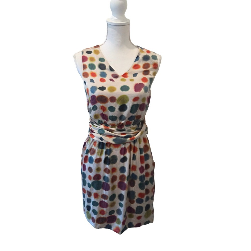 Theory Silk Polka Dot Mini Dress Sash Waist Multi Color Artistic Pockets Size 2